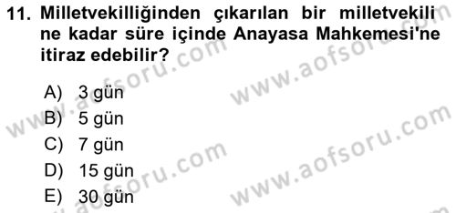 Anayasa Hukukuna Giriş Dersi 2022 - 2023 Yılı (Final) Dönem Sonu Sınavı 11. Soru