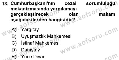 Anayasa Hukukuna Giriş Dersi 2022 - 2023 Yılı (Final) Dönem Sonu Sınavı 13. Soru