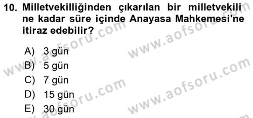 Anayasa Hukukuna Giriş Dersi 2022 - 2023 Yılı Yaz Okulu Sınavı 10. Soru