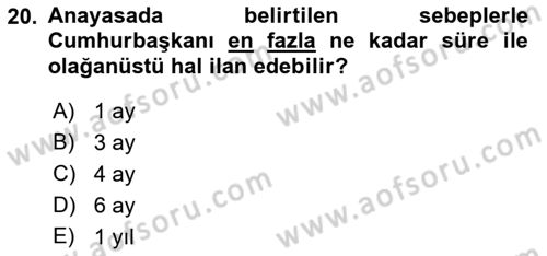 Anayasa Hukukuna Giriş Dersi 2022 - 2023 Yılı Yaz Okulu Sınavı 20. Soru