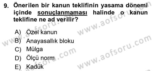 Anayasa Hukukuna Giriş Dersi 2022 - 2023 Yılı Yaz Okulu Sınavı 9. Soru