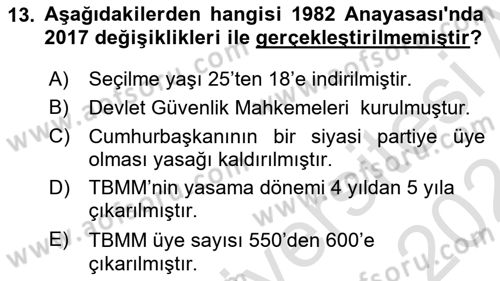 Anayasa Hukukuna Giriş Dersi 2023 - 2024 Yılı (Vize) Ara Sınavı 13. Soru