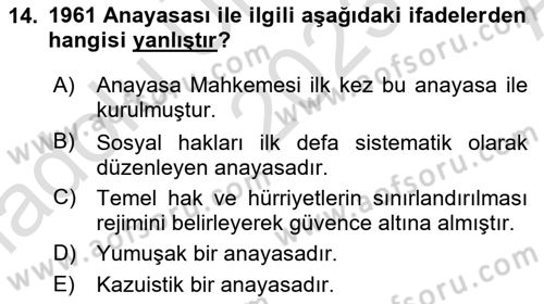 Anayasa Hukukuna Giriş Dersi 2023 - 2024 Yılı (Vize) Ara Sınavı 14. Soru