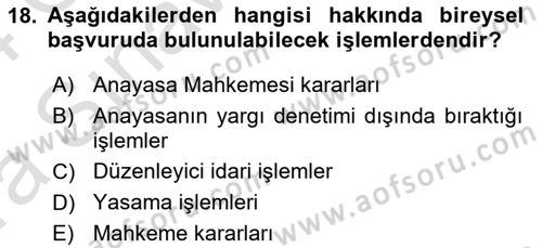 Anayasa Hukukuna Giriş Dersi 2023 - 2024 Yılı (Vize) Ara Sınavı 18. Soru