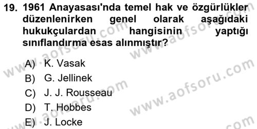 Anayasa Hukukuna Giriş Dersi 2023 - 2024 Yılı (Vize) Ara Sınavı 19. Soru