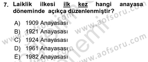 Anayasa Hukukuna Giriş Dersi 2023 - 2024 Yılı (Vize) Ara Sınavı 7. Soru