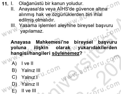 Anayasa Hukukuna Giriş Dersi 2023 - 2024 Yılı (Final) Dönem Sonu Sınavı 11. Soru