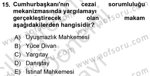 Anayasa Hukukuna Giriş Dersi 2023 - 2024 Yılı (Final) Dönem Sonu Sınavı 15. Soru