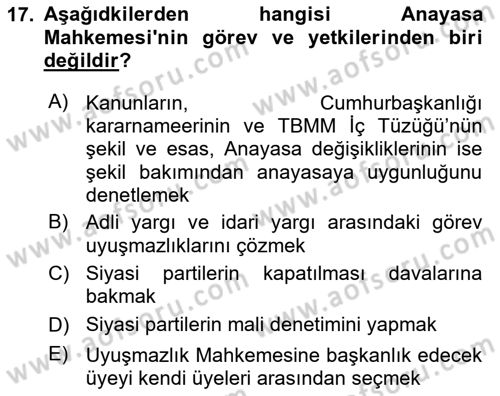 Anayasa Hukukuna Giriş Dersi 2023 - 2024 Yılı (Final) Dönem Sonu Sınavı 17. Soru