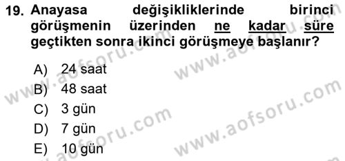 Anayasa Hukukuna Giriş Dersi 2023 - 2024 Yılı (Final) Dönem Sonu Sınavı 19. Soru