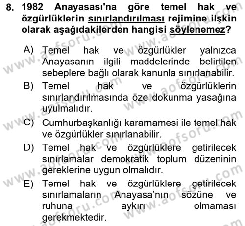 Anayasa Hukukuna Giriş Dersi 2023 - 2024 Yılı (Final) Dönem Sonu Sınavı 8. Soru