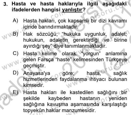 Sağlık Hukuku Dersi 2018 - 2019 Yılı Yaz Okulu Sınav Soruları 3. Soru