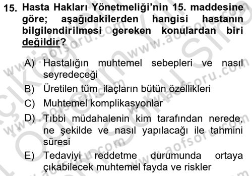 Sağlık Hukuku Dersi 2023 - 2024 Yılı (Final) Dönem Sonu Sınav Soruları 15. Soru