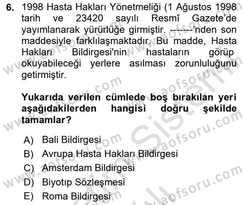 Sağlık Hukuku Dersi 2024 - 2025 Yılı (Vize) Ara Sınav Soruları 6. Soru