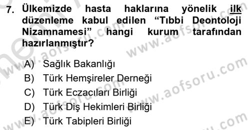 Sağlık Hukuku Dersi 2025 - 2026 Yılı (Vize) Ara Sınav Soruları 7. Soru