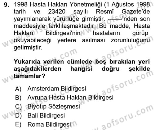 Sağlık Hukuku Dersi 2025 - 2026 Yılı (Vize) Ara Sınav Soruları 9. Soru