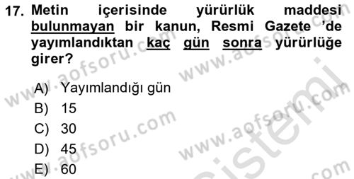 Temel Hukuk Bilgisi Dersi Ara Sınavı Deneme Sınav Soruları 17. Soru
