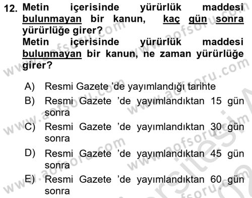 Temel Hukuk Bilgisi Dersi Ara Sınavı Deneme Sınav Soruları 12. Soru
