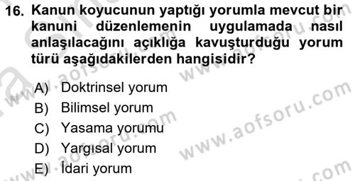 Temel Hukuk Bilgisi Dersi Ara Sınavı Deneme Sınav Soruları 16. Soru