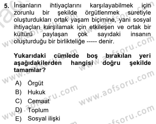 Temel Hukuk Bilgisi Dersi Ara Sınavı Deneme Sınav Soruları 5. Soru