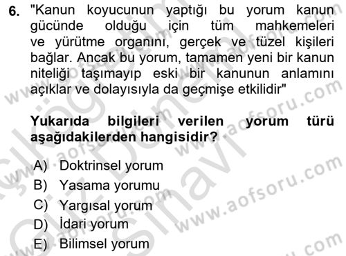 Temel Hukuk Bilgisi Dersi 2023 - 2024 Yılı (Final) Dönem Sonu Sınav Soruları 6. Soru