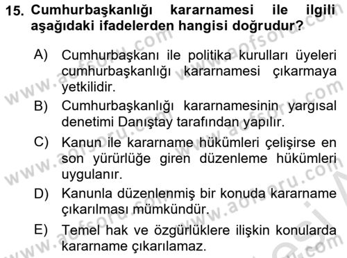 Temel İdare Hukuku Dersi 2023 - 2024 Yılı (Vize) Ara Sınav Soruları 15. Soru