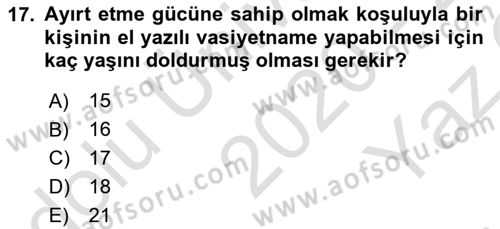 Medeni Hukuk Bilgisi Dersi 2020 - 2021 Yılı Yaz Okulu Sınav Soruları 17. Soru