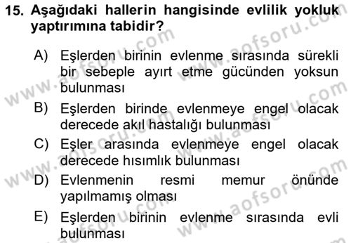 Medeni Hukuk Bilgisi Dersi Ara Sınavı Deneme Sınav Soruları 15. Soru