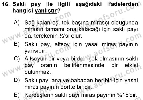 Medeni Hukuk Bilgisi Dersi 2021 - 2022 Yılı (Final) Dönem Sonu Sınav Soruları 16. Soru