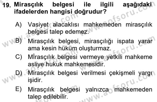 Medeni Hukuk Bilgisi Dersi 2021 - 2022 Yılı (Final) Dönem Sonu Sınav Soruları 19. Soru