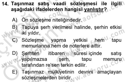 Medeni Hukuk Bilgisi Dersi 2021 - 2022 Yılı Yaz Okulu Sınav Soruları 14. Soru
