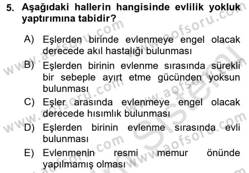 Medeni Hukuk Bilgisi Dersi 2021 - 2022 Yılı Yaz Okulu Sınav Soruları 5. Soru