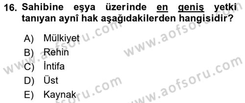 Medeni Hukuk Bilgisi Dersi Ara Sınavı Deneme Sınav Soruları 16. Soru