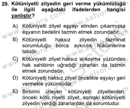 Medeni Hukuk Bilgisi Dersi Ara Sınavı Deneme Sınav Soruları 20. Soru