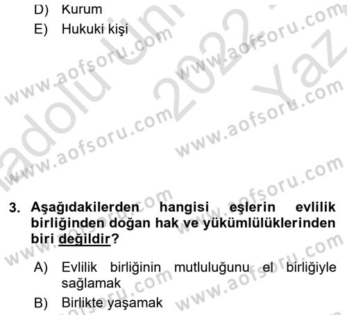 Medeni Hukuk Bilgisi Dersi 2022 - 2023 Yılı Yaz Okulu Sınav Soruları 3. Soru