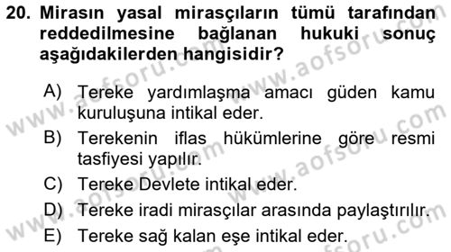 Medeni Hukuk Bilgisi Dersi 2023 - 2024 Yılı (Final) Dönem Sonu Sınav Soruları 20. Soru