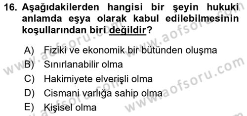 Medeni Hukuk Bilgisi Dersi 2024 - 2025 Yılı (Vize) Ara Sınav Soruları 16. Soru