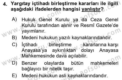 Medeni Hukuk Bilgisi Dersi 2024 - 2025 Yılı (Vize) Ara Sınav Soruları 4. Soru