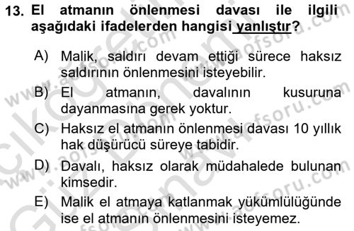 Medeni Hukuk Bilgisi Dersi 2024 - 2025 Yılı (Final) Dönem Sonu Sınav Soruları 13. Soru