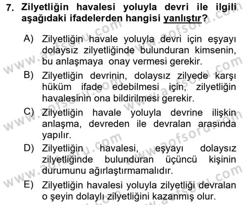 Medeni Hukuk Bilgisi Dersi 2024 - 2025 Yılı (Final) Dönem Sonu Sınav Soruları 7. Soru