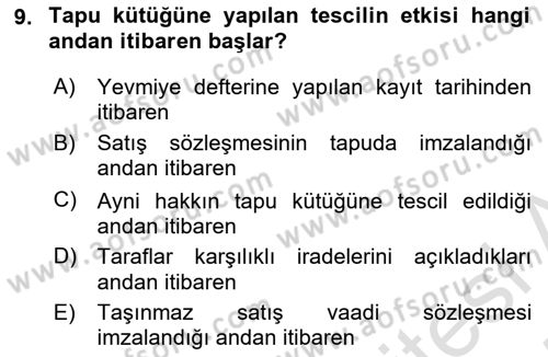 Medeni Hukuk Bilgisi Dersi 2024 - 2025 Yılı (Final) Dönem Sonu Sınav Soruları 9. Soru