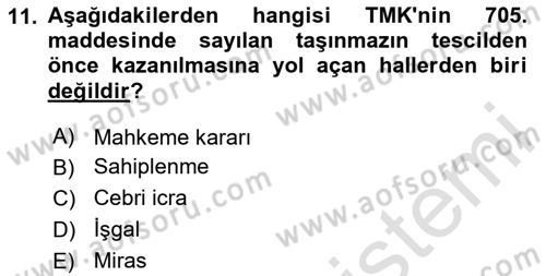 Medeni Hukuk Bilgisi Dersi 2024 - 2025 Yılı Yaz Okulu Sınav Soruları 11. Soru