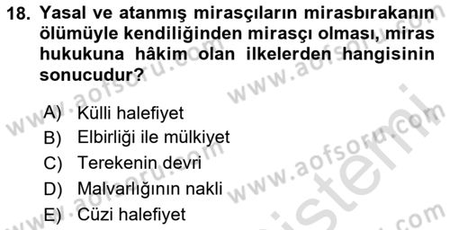 Medeni Hukuk Bilgisi Dersi 2024 - 2025 Yılı Yaz Okulu Sınav Soruları 18. Soru
