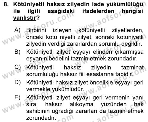 Medeni Hukuk Bilgisi Dersi 2024 - 2025 Yılı Yaz Okulu Sınav Soruları 8. Soru