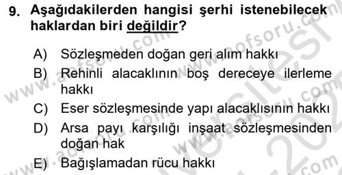 Medeni Hukuk Bilgisi Dersi 2024 - 2025 Yılı Yaz Okulu Sınav Soruları 9. Soru