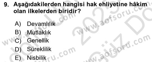 Medeni Hukuk Bilgisi Dersi 2025 - 2026 Yılı (Vize) Ara Sınav Soruları 9. Soru