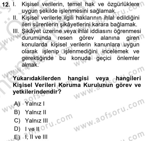 Bilişim Hukuku Dersi 2023 - 2024 Yılı (Vize) Ara Sınavı 12. Soru