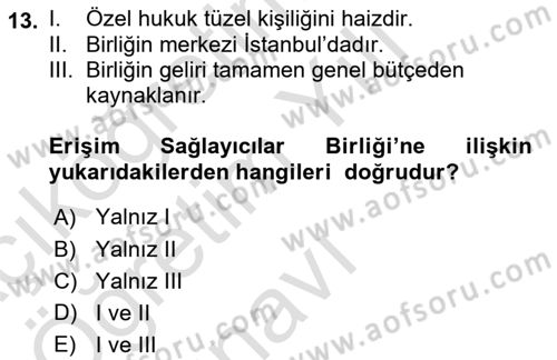 Bilişim Hukuku Dersi 2023 - 2024 Yılı Yaz Okulu Sınav Soruları 13. Soru