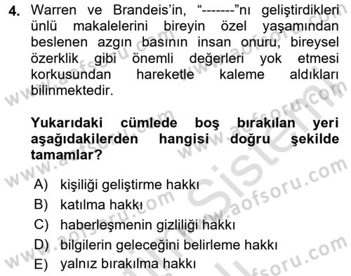 Bilişim Hukuku Dersi 2023 - 2024 Yılı Yaz Okulu Sınav Soruları 4. Soru