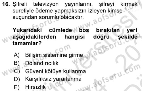 Bilişim Hukuku Dersi 2024 - 2025 Yılı (Vize) Ara Sınav Soruları 16. Soru
